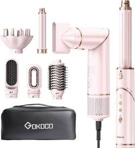 GOKOCO Secador de Cabelo 127v/110v 7 em 1 - Incluso 2x Bocal, Difusor, Escova Secadora, 2x Modelador de Cachos, Alisador para Alta Velocidade Para Secar, Alisar e Enrolar, GD032 Rosa